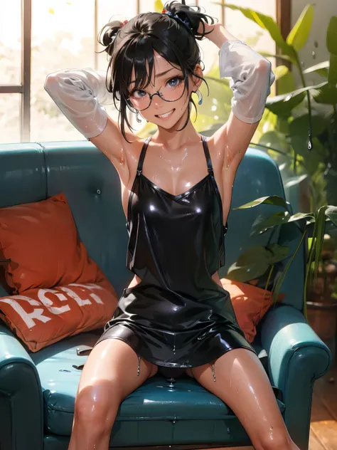 anime - style illustration of a woman in a oversized long sleeves black off shoulder T-shirt, leather panty, armpit, anime character, official character art, full body, female anime girl, (black ponytail:1.5), glasses, medium breasts, in the private room, ...