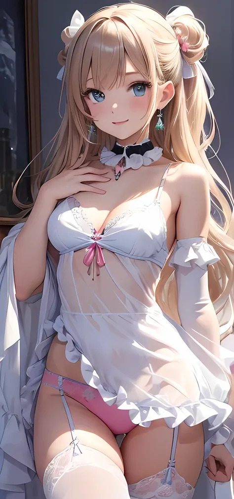 masterpiece, super high resolution、 best quality、sexy contrapost、 In A Dark Bedroom、 blonde、 with hair tied at the back :1.2, blue eyes, smile、 tilting your head 、 Large Gem Earrings and Choker:1.5,、String、 silk elbow gloves 、Model Walks 、 small breasts、 B...