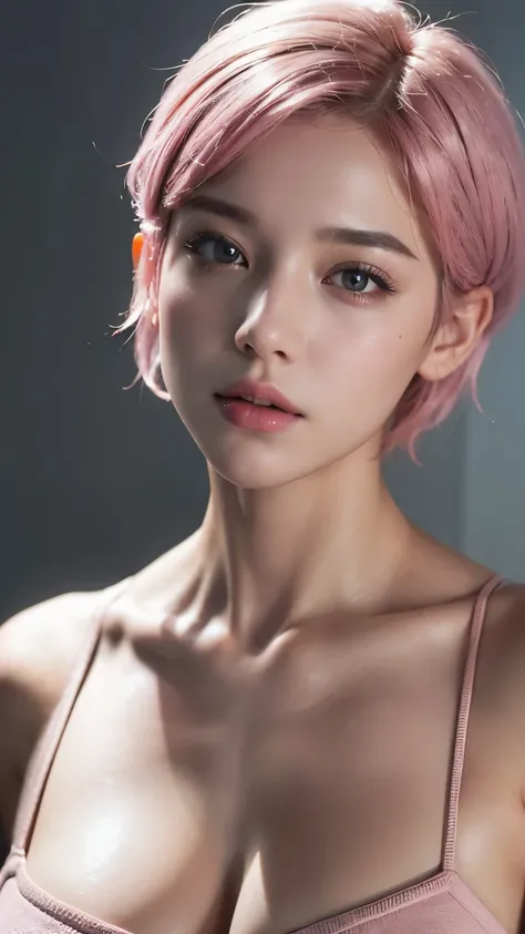 (Masseter muscle area:1.3)、(8k、 photorealistic、Unprocessed photo 、 best quality: 1.4)、( 1 girl in the best)、Beautiful appearance、( lively face)、( pink short hair:1.3)、  Beautiful Hairstyles、Realistic eyes、  beautiful details 、（ lifelike skin）、 beautiful sk...