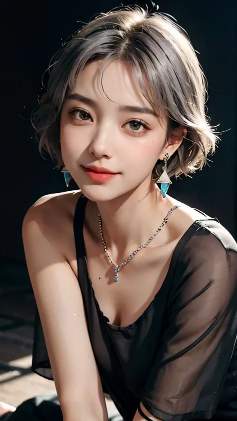   a girl with short hair looks straight into the camera ，Gray Hair，The expression is serious，Outside is a black shirt  ，  wear earrings and jewelry and smile ， colorful background，Short neck， full body show，