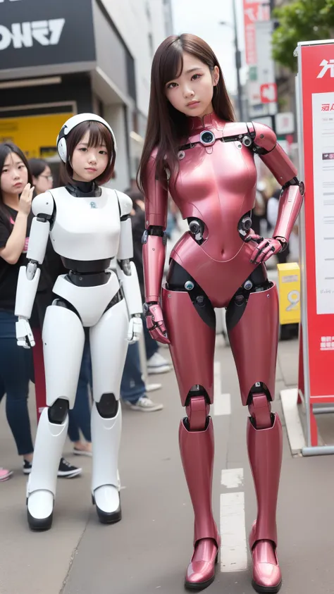 (Photorealsitic:1.4)、one robot woman、(top-quality)、(hyperdetailed face like an idol)、(Super well-formed face like an idol)、(Robot Parts)、(Female-Robot)、(25 years-old)、(pink there)、(Burgundy)、(metallic)、(full-body)、(Slender body)、(Model body type)、(full bod...