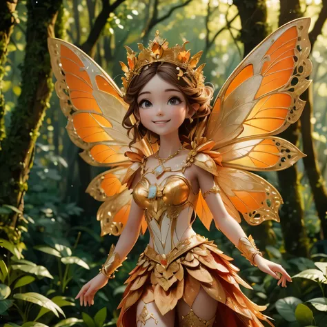  is a fairy of the earth with a cute smile, and the orange, gold, and white costumes are beautiful, and the royal family decorations with flying gold are beautiful。The energy of the sparkling earth 