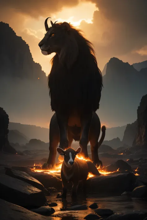 Chimera from Greek mythology, a majestic and terrifying creature with the body of a lion, a goat’s head emerging from its back, and a serpent as its tail. Set in a dramatic, cinematic fantasy landscape at twilight. The creature is bathed in golden light, w...