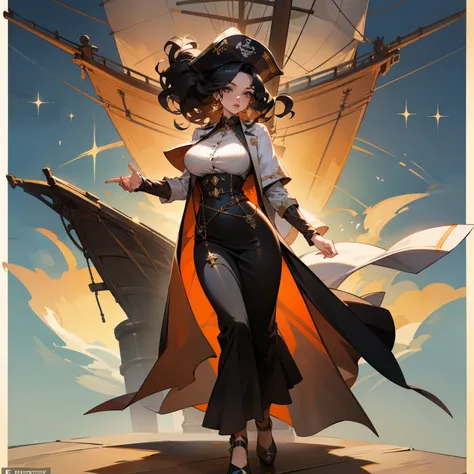 full body image middle-aged woman with black curly hair, she has big breasts, she is wearing a pirate costume at Effentasy, she is a goddess of shipping and trade