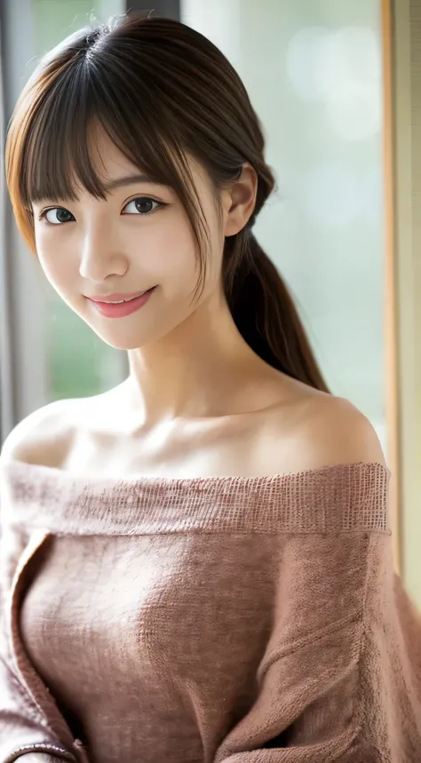 masterpiece,best quality,(Japanese girl),((Beautiful girl)),cleavage,(off shoulder:1.2),(perfect body beauty:1.2),(shy smile),