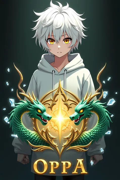 "Create a highly detailed digital artwork featuring a young 4D-inspired character with white, tousled hair and piercing golden eyes. The character is wearing a modern white hoodie with a minimalist design, standing in front of an intricate emblem. The embl...