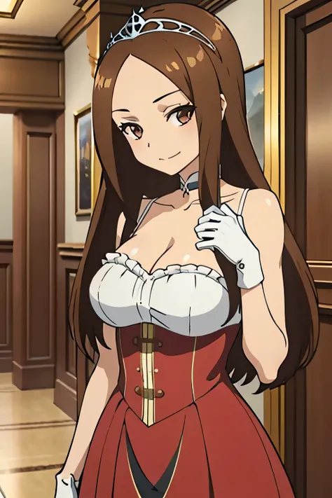   One Girl, height 155 cm，  long hair,( tea hair:1.3),  split bangs, silver tiara ，( brown eyes),((red queen dress)), Big Rich Breasts ,Chest, white gloves ，Expose your forehead，(smirk), View your viewers,  best quality,  Highly Detailed CG Unity 8K Wallpa...