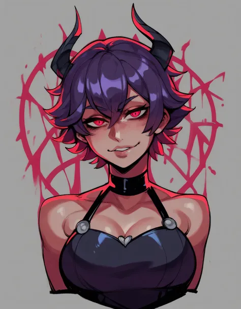 sexy woman; purple hair; short hair; demon costume; upper view; realist; red neon background 