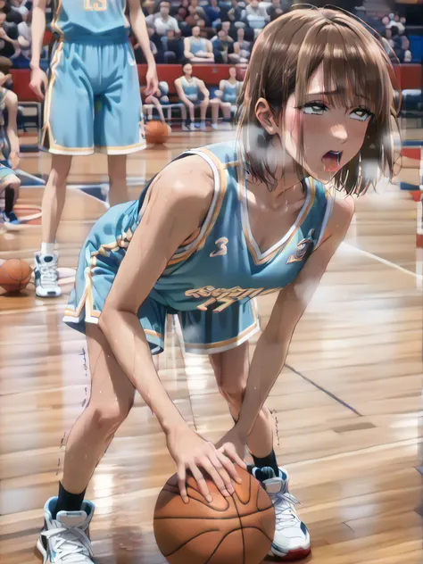 Woman basketball game, basketball uniform, brown bob hair, leaning forward, blush, full body, (sexual climax expression:1.3), (sweaty:1.7), (hard breathing:1.5), (Saliva:1.5), closed mouth, (Trembling at sexual climax:1.5), (motion:line:1.5), 