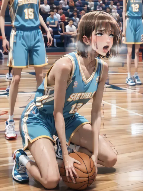 Woman basketball game, basketball uniform, brown bob hair, leaning forward, blush, full body, (sexual climax expression:1.3), (sweaty:1.7), (hard breathing:1.5), (Saliva:1.5), closed mouth, (Trembling at sexual climax:1.5), (motion:line:1.5), 
