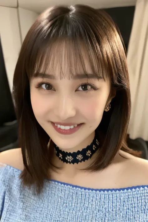 (( knitted sweater )), (( Japanese girl))、Light up your face、(masterpiece, top quality, The beautiful quality of , photorealistic , detailed lighting , Extremely detailed skin, Extremely Detailed Hair ,8k, black hair, upper body, One Girl , smile, Watch Vi...