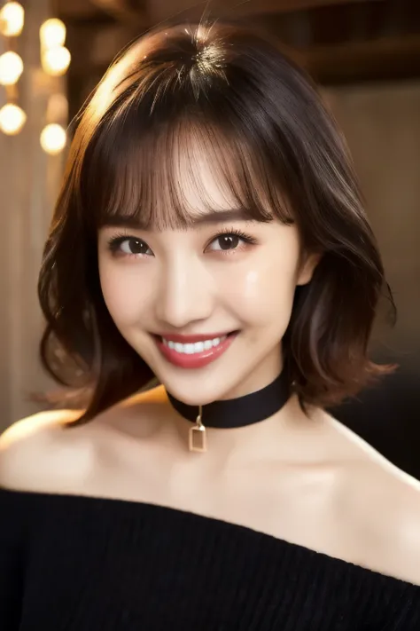 (( knitted sweater )), (( Japanese girl))、Light up your face、(masterpiece, top quality, The beautiful quality of , photorealistic , detailed lighting , Extremely detailed skin, Extremely Detailed Hair ,8k, black hair, upper body, One Girl , smile, Watch Vi...
