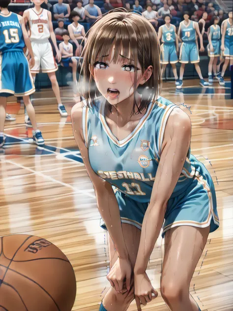 Woman basketball game, basketball uniform, brown bob hair, leaning forward, blush, full body, (embarrassed expression:1.3), (sweaty:1.7), (hard breathing:1.5), (Saliva:1.5), mouth hold, (Trembling at sexual climax:1.5), (motion:line:1.5), spit take, endure...