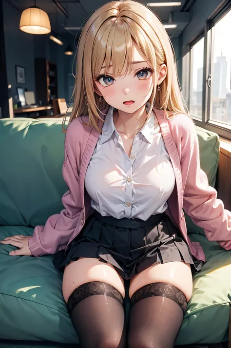  adult woman, Alone,  sexy, 8k resolution,(( best quality)),  super high resolution, ( highest resolution ), ( brown eyes),  beautiful symmetrical face  , (  Long Golden Hair ), pink cardigan , black mini tight skirt,white office shirt, stockings, is prese...