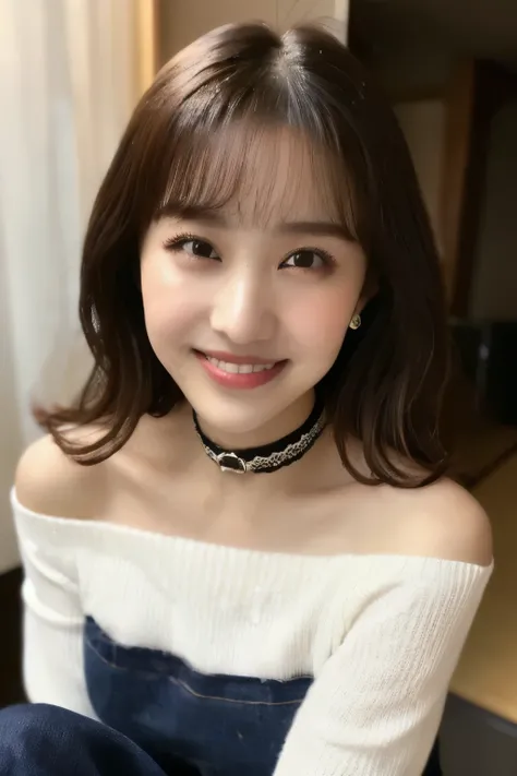 (( white knit sweater)), (( Japanese girl))、Light up your face、(masterpiece, top quality, The beautiful quality of , photorealistic , detailed lighting , Extremely detailed skin, Extremely Detailed Hair ,8k, black hair, upper body, One Girl , smile, Watch ...