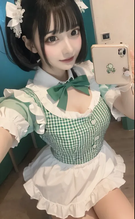 A close-up selfie of a pretty young woman with black bob hair in a maid's uniform. She wears a green and white gingham dress with ruffled sleeves, a large purple bow around the chest, and a brooch. She has a white flower and small bat wings on her head. Th...