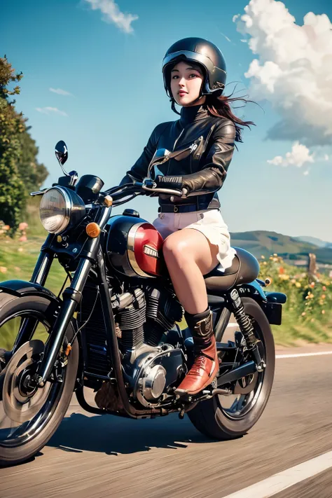 (A young female rider speeds along on a motorcycle)、Vintage Bikes、Bluff Superior SS100、Isle of Man Races、Leather jumper、Cromwell helmet with goggles、After the Rain、English countryside、(Highest quality, masterpiece, High resolution)、8k、wallpaper