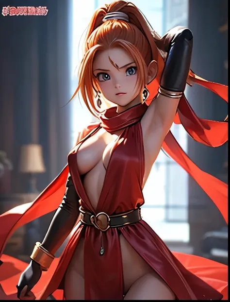 （（（ＳＦＷ、Accuracy、Highest quality、 A first-class masterpiece 、 Normal body 、8k、   detailed face 、 super precision 、   Normal Hands 、5 fingers、Highest、3d）））、"  DRAGON QUEST"、Barbara、 orange hair、 short、Big Breasts、 slender、 slim、Wrap a white, tattered, ultra-...