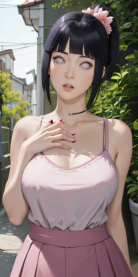 masterpiece, absurdres, hinata\(boruto\), 1girl, solo,mature female, spaghetti strap top, high waist mini skirt, looking at viewer, (falling petals), perfect composition, detailed lips, big breast, beautiful face, body propotion, blush, (pink lips), ponyta...