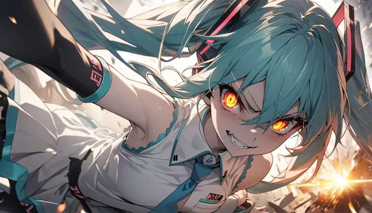 (highest quality、masterpiece、High resolution、detailed)、(Shining eyes、detailed美しい顔)、, BREAK,masterpiece, Hatsune Miku, white shirt, blue tie, bare shoulders, Separated sleeves, evil smile, black skin, red eyes, black eye, Orange eyes,, BREAK,beautiful anime...