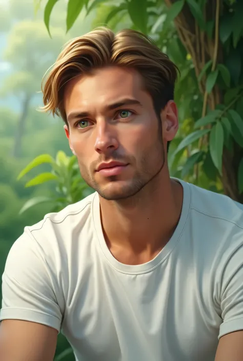 A 38-year-old man with green eyes, short straight side hair, light brown. ,  white t-shirt ,  with a background of nature  