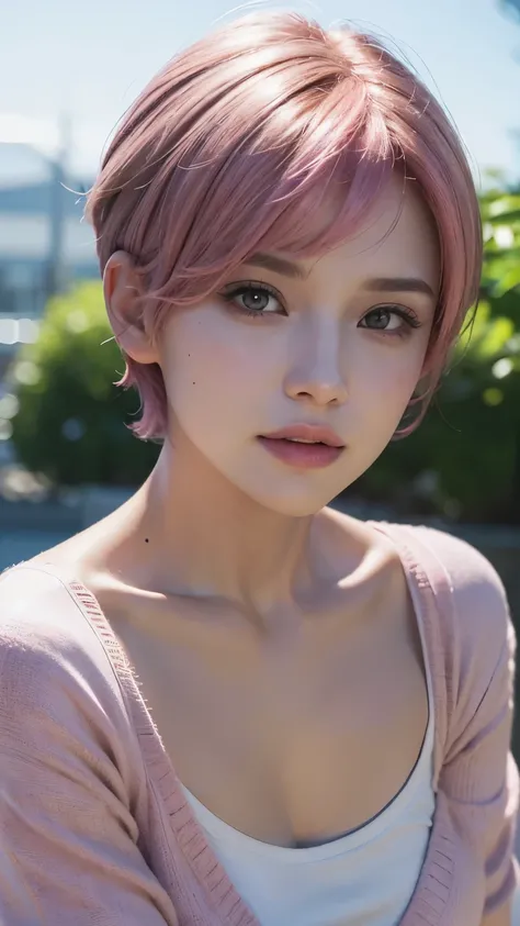 (Masseter muscle area:1.3)、(8k、 photorealistic、Unprocessed photo 、 best quality: 1.4)、( 1 girl in the best)、Beautiful appearance、( lively face)、( pink short hair:1.3)、  Beautiful Hairstyles、Realistic eyes、  beautiful details 、（ lifelike skin）、 beautiful sk...