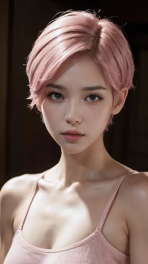 (Masseter muscle area:1.3)、(8k、 photorealistic、Unprocessed photo 、 best quality: 1.4)、( 1 girl in the best)、Beautiful appearance、( lively face)、( pink short hair:1.3)、  Beautiful Hairstyles、Realistic eyes、  beautiful details 、（ lifelike skin）、 beautiful sk...