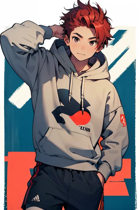 young  boy, 12years old, short height (145-150cm), slim but slightly athletic build, short wavy  red hair, bright brown eyes, light tan skin, oversized hoodie (navy blue or charcoal gray), slightly long sleeves, slim sweatpants or casual shorts, sporty sne...