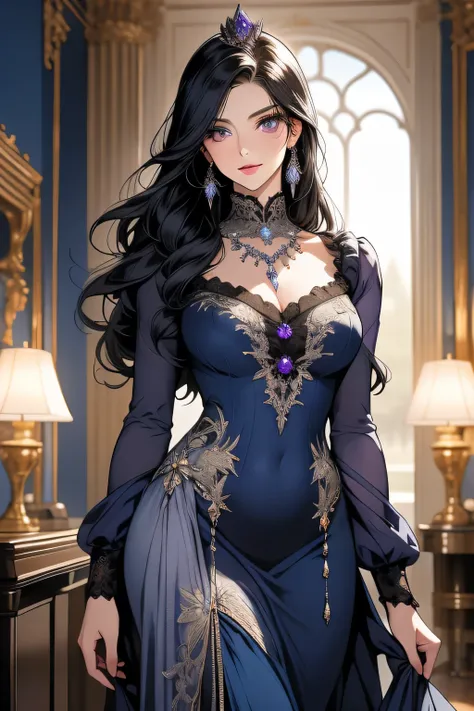 Beautiful girl with (stunning amethyst eyes:1.2) and long blue black hair with soft waves. She is standing in front of a stunning ceiling to floor windows with a winter wonderland outside. She is wearing a (beautiful dark blue gown with intricate silver em...