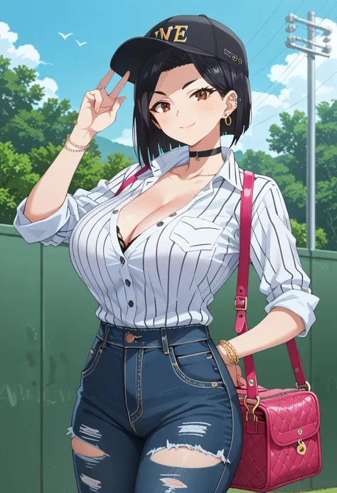 Sanae Yamada, black hair, short hair, brown eyes, earrings, ear piercing, score_9, score_8_up, score_7_up, source_anime, masterpiece,best quality, huge breasts, flash gyaru, 1girl, Sanae Yamada, solo, black_hair, denim, shirt, short_hair, hat, choker, pier...