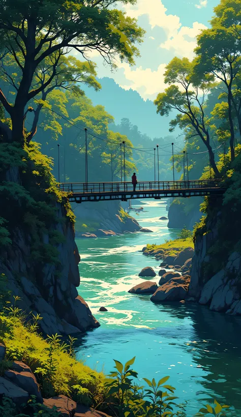 An artistic scene of a person standing on a suspension bridge, river flowing below with sparkling reflections of sunlight, and dense trees in the background. Inspired by Bikash Bhattacharjee, the composition captures a calm and nostalgic Assamese vibe, wit...