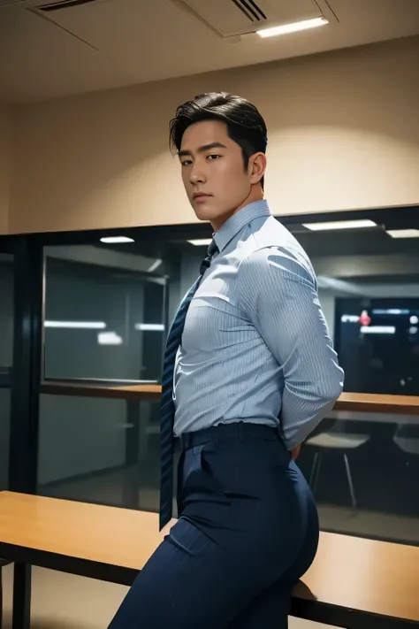 40-year-old boy ,Korean bulky male officer ,Wear navy blue police uniform shirt................ pinstripe navy blue smooth tight trouser, transparent pants obvious underwear print ,((unrealistic super big tight butt wearing pants)), legs wide open, legs on...
