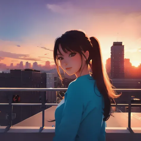 Sunset, city, mall, long-haired girl