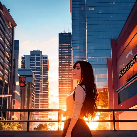 Sunset, city, mall, long-haired girl