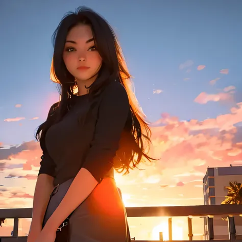 Sunset, city, mall, long-haired girl