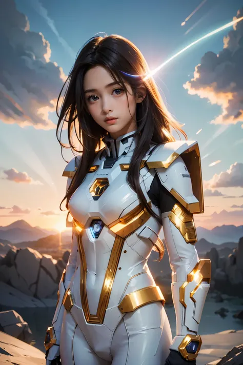 ((masterpiece, best quality, extremely detailed), volumetric lighting, ambient occlusion, colorful, glowing), 1girl, solo, young girl, (dark hair), long hair, halo, aura, sacred, goddess, cleric suit, (white outfit with gold detailst:1.3), armor, outdoors,...