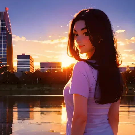 Sunset, city, mall, long-haired girl