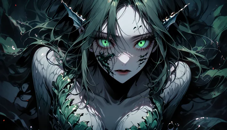 solo, female, silver rings, extremely long dark green hair, refracting eyes, long eyelashes:1.2, thin waist, curvaceous, seaweed bikini, extremely pale, mermaid, ear fins, seaweed skirt, gills, sinister, horror atmosphere, very dark, deep sea, ((undead)), ...