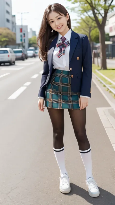  best quality、8k、Masterpiece、 super high resolution、Clear Photo、 professional lighting、 natural light、 is present、 perfect anatomy、 one woman、baby face:1.8、Big Breasts、saggy breasts:1.2、 beautiful hair、smile、(( high school student uniform))、 navy blue blaz...