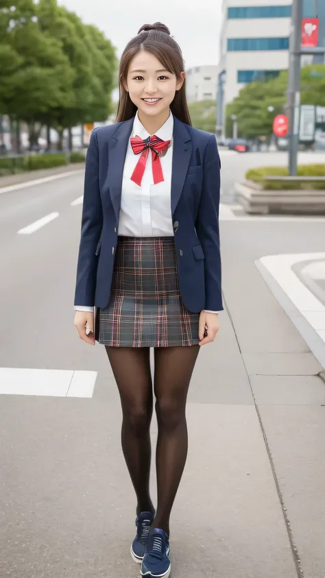  best quality、8k、Masterpiece、 super high resolution、Clear Photo、 professional lighting、 natural light、 is present、 perfect anatomy、 one woman、baby face:1.8、Big Breasts、saggy breasts:1.2、 beautiful hair、smile、(( high school student uniform))、 navy blue blaz...