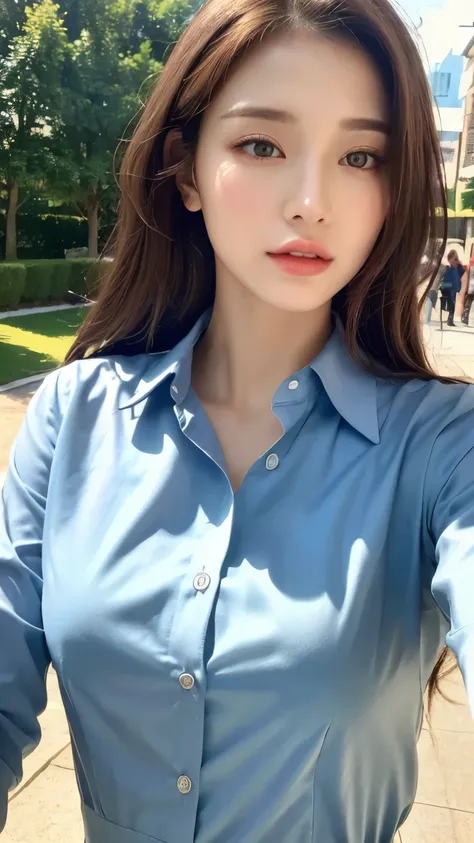 (( best quality , 【8k, masterpiece :1.3)),  sexy woman ,  1girl , ( firm body ,  Slim Fit :1.2),   Dark Brown Hair , ( Outdoor, Henry shirt  :1.1),  extremely delicate face, Detailed Lips ,   fine eyes  ,  Double Eyelids