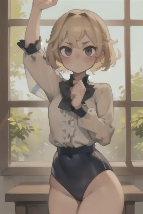 1girl, intricate details, frills, see-through, looking at viewer, windows, blush, blonde, standing,  thunderstorm,  V0id3nergy 
(best quality, masterpiece),wearing a Black gymnastics bloomers, High leg、white blouse, cowboy shot、
 