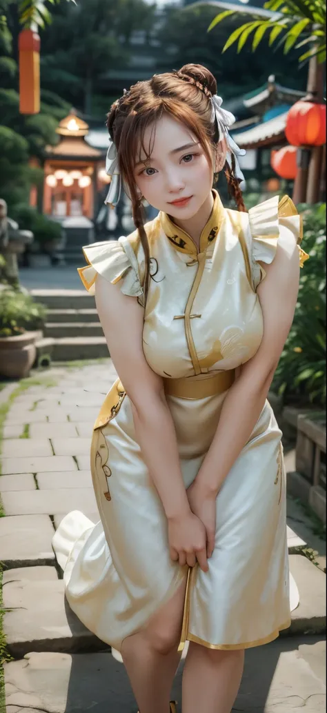 Chun-Li is a formidable fighter who combines strength and grace. She wears a blue qipao with gold accents, paired with her neatly braided hair and signature white ribbon. In the background, a magnificent ancient temple is visible, with deep red walls, arch...