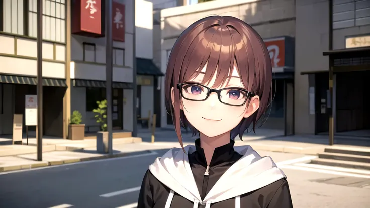  top quality, 16k,  High Definition,  1girl ,  showing upper body ,  black shorthair ,( beautiful detailed face),  brown eyes with highlights, smile,２０generation, Precise and beautiful streets of Japan, Moderate bust,  hoodie, Glasses