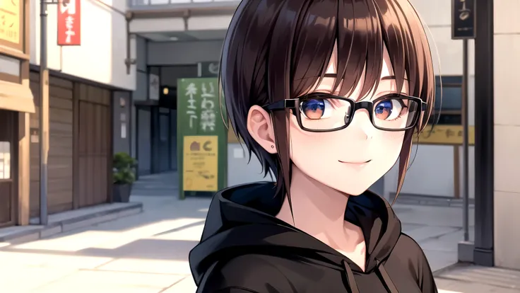  top quality, 16k,  High Definition,  1girl ,  showing upper body ,  black shorthair ,( beautiful detailed face),  brown eyes, smile,２０generation, Precise and beautiful streets of Japan, Moderate bust,  hoodie, Glasses