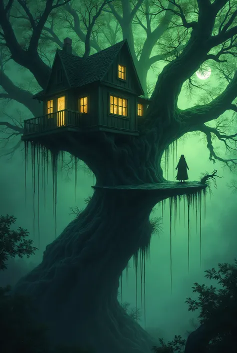 The Treehouse
A towering, twisted tree with blackened branches and glowing green sap dripping from its leaves. The windows of the house glow faintly, and shadowy figures can be seen moving within.