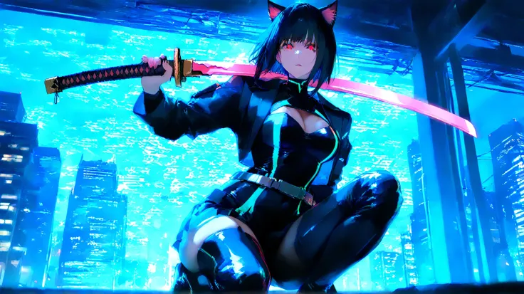Female character, cat ears, black hair, cyberpunk fashion, Japanese anime style, futuristic high-tech clothing, neon accents, glowing tattoos, mechanical elements integrated into the outfit, sleek black and chrome armor, short, glowing cybernetic red eyes,...