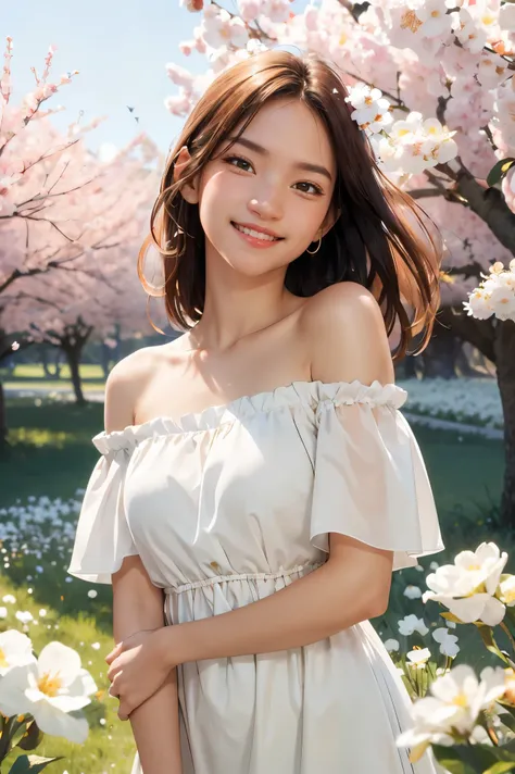 Best quality, masterpiece, ultra high res, (photorealistic:1.4), raw photo, 1girl, white dress, off shoulder, blossom flower field, glowing skin, light smile