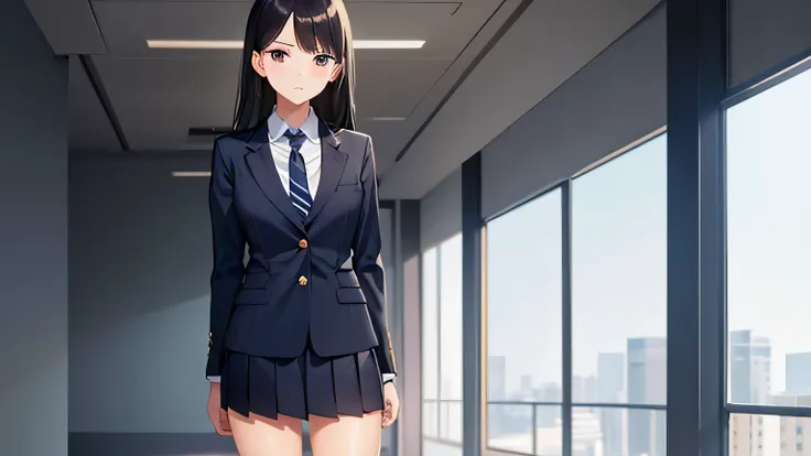 Highest image quality. Fine details. A girl. A tall beautiful girl is standing in a school building. Her eyes are dark brown and she looks slightly shy. She has short black hair, a navy blue blazer uniform, a navy blue pleated skirt, and navy blue socks.