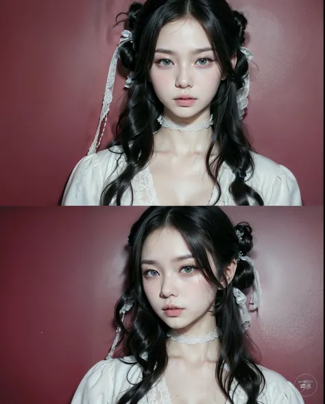 there are two pictures of a woman with long hair and a white dress, a colorized photo inspired by Ai Xuan, tumblr, rococo, ulzzang, guweiz, artwork in the style of guweiz, with same hairstyle, pale young ghost girl, ethereal!!! ultra realistic, realistic c...